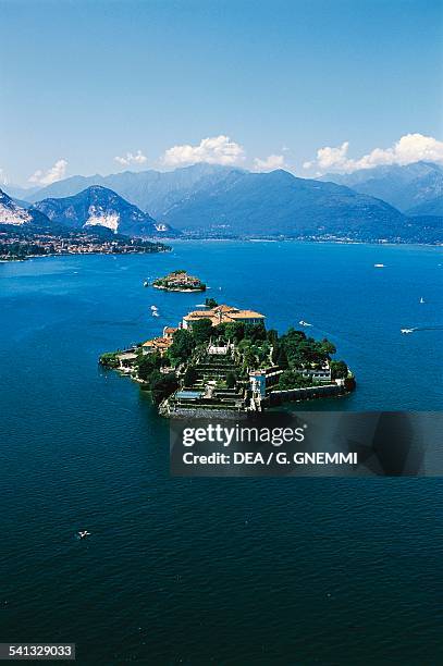 Isola Bella, in the foreground, and Isola dei Pescatori, aerial view, Borromean Islands, Lake Maggiore, Piedmont, Italy.