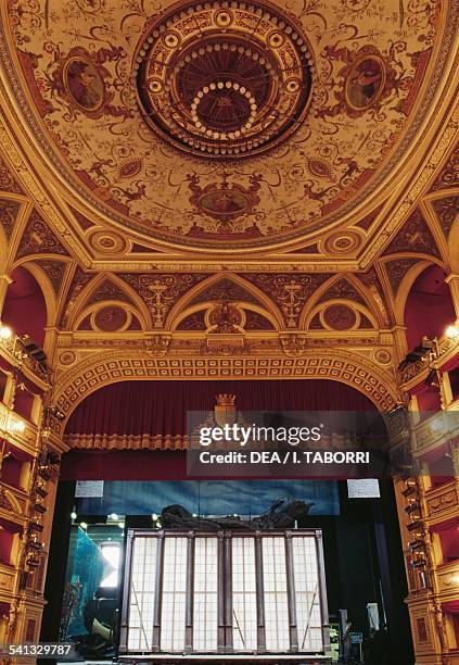 The stage and ceiling of the Giuseppe Verdi opera house, 1798-1801, Trieste, Friuli-Venezia Giulia, Italy.