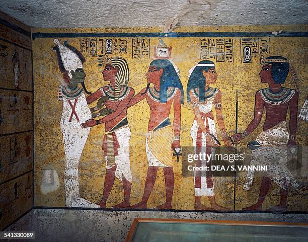 Tutankhamun and his ka in front of Osiris, detail from the frescoes in the burial chamber, Tomb of Tutankhamun, Valley of the Kings, Ancient Thebes,...