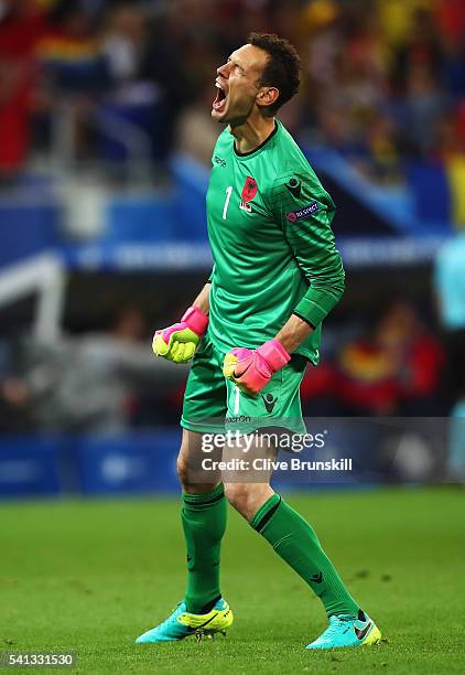 Etrit Berisha of Albania celebrates his team's first goal during the UEFA EURO 2016 Group A match between Romania and Albania at Stade des Lumieres...