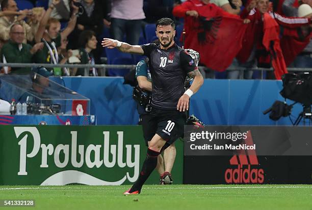 Armando Sadiku of Albania scores the opening goal during the UEFA EURO 2016 Group A match between Romania and Albania at Stade des Lumieres on June...