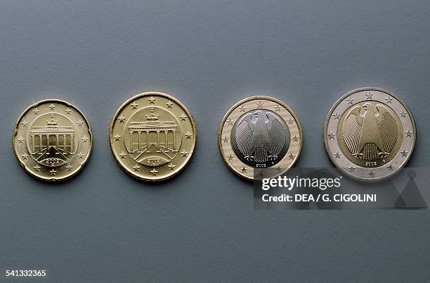 Cent, 50 cent, 1 euro and 2 euro coins, issued in Germany obverse depicting the Brandenburger Tor in Berlin, German eagle. Europe, 21st century.