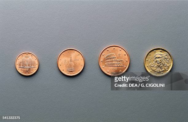 Cent, 2 cent, 5 cent and 10 cent euro coins, issued in Italy obverse depicting Castel del Monte near Andria, Mole Antonelliana in Turin, the...