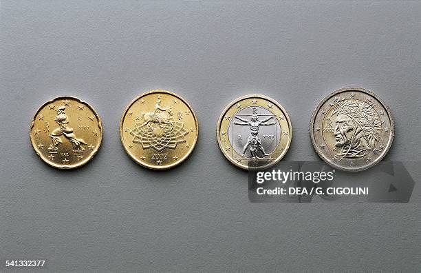 Cent, 50 cent, 1 euro and 2 euro coins, issued in Italy obverse depicting Unique Forms of Continuity in Space by Umberto Boccioni, Roman emperor...