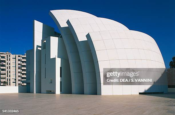 Rear view of the Church of God the Merciful Father or Dives in Misericordia architect Richard Meier , Tor Tre Teste, Rome, Italy.