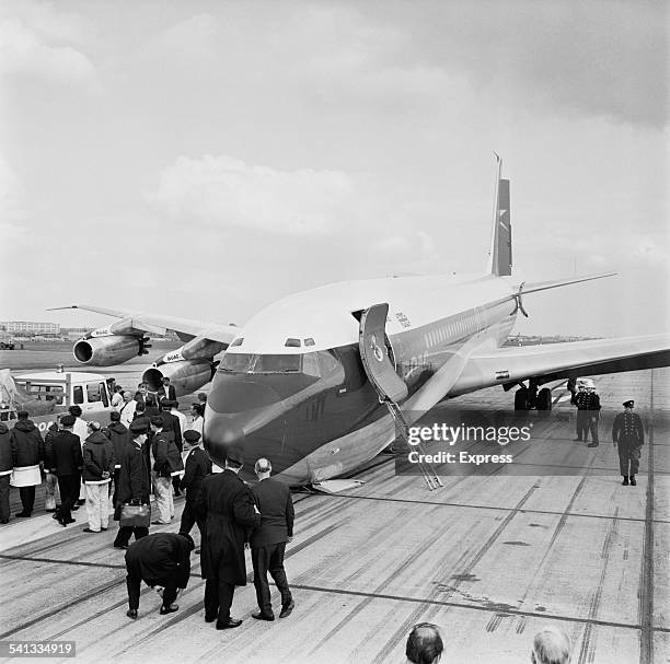 Crashed British Overseas Airways Corporation Boeing 707 on the runway at London Airport, London, 31st March 1967.