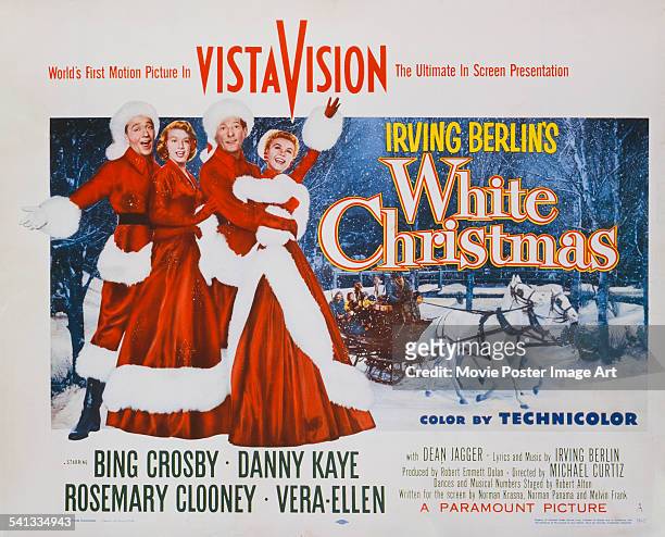 Poster the 1954 musical romantic comedy, 'White Christmas', directed by Michael Curtiz and starring Bing Crosby, Rosemary Clooney, Danny Kaye and...