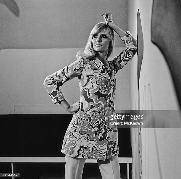 English actress and model Vicki Hodge shows a trouser suit by Veronica Marsh, 10th March 1967.