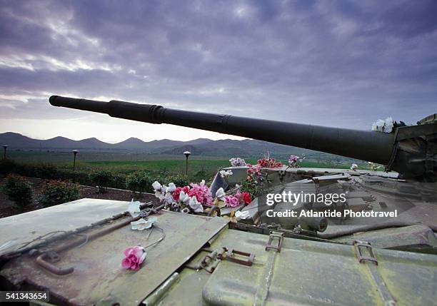 azerbaijani tank as war monument - nagorno karabakh stock pictures, royalty-free photos & images