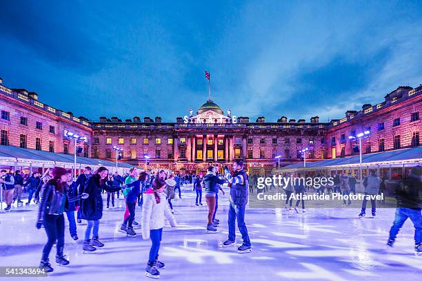 strand, somerset house, the ice skating rink - the strand london stock pictures, royalty-free photos & images