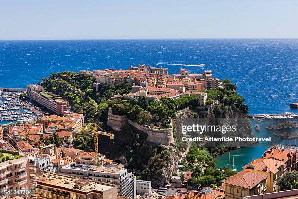 view of monaco ville (monaco town, called also la rocher) from the moyenne corniche - montecarlo fotografías e imágenes de stock