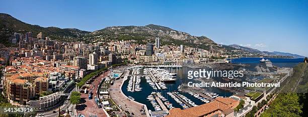 the port hercule and montecarlo from monaco ville - monte carlo harbour stock pictures, royalty-free photos & images