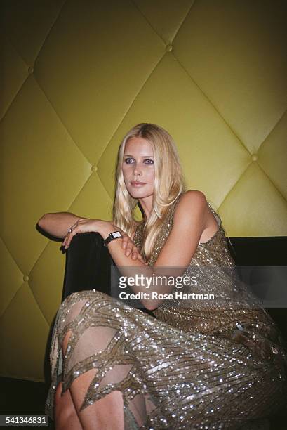German fashion model Claudia Schiffer at the launch party for new Bulgari art deco watch, 'Retangolo', at Eugene, New York City, 2000.