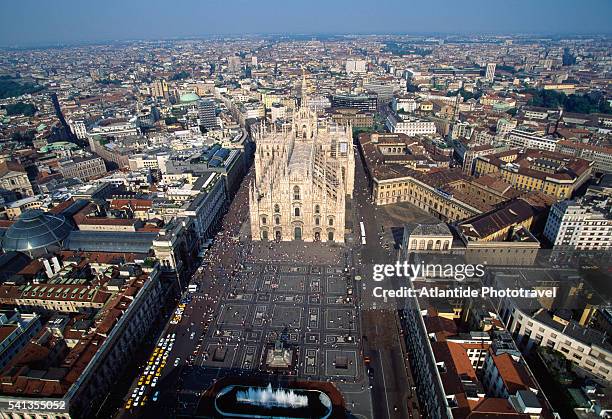 aerial view of piazza del duomo, milan - milan aerial stock pictures, royalty-free photos & images