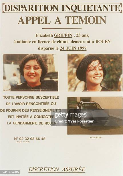 Missing person notice for Elisabeth Griffin whose body was found at Jean-Yves Mourel.