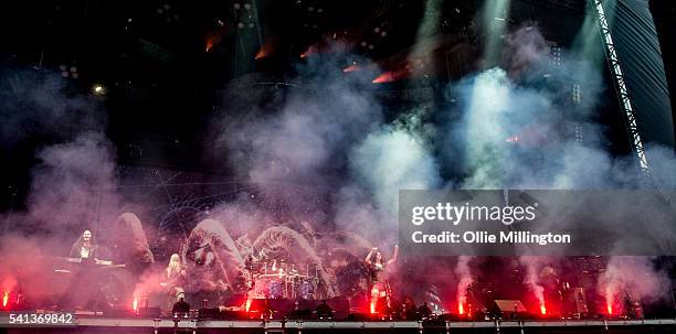 Tuomas Holopainen, Marco Hietala, Emppu Vuorinen, Jukka Nevalainen, Floor Jansen of Nightwish perform onstage during day 2 of Download Festival 2016...