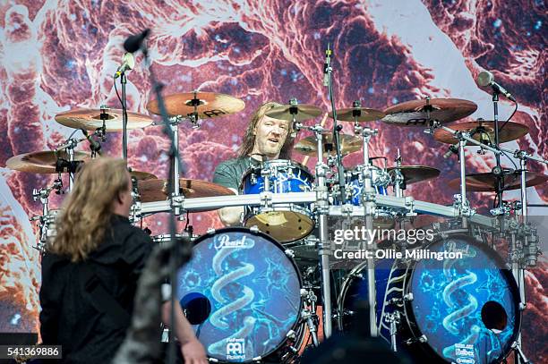 Jukka Nevalainen of Nightwish performs onstage during day 2 of Download Festival 2016 at Donnington Park on June 12, 2016 in Donnington, England.