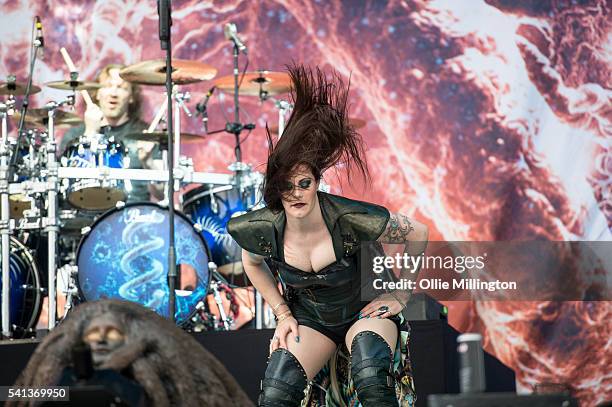 Jukka Nevalainen and Floor Jansen of Nightwish perform onstage during day 2 of Download Festival 2016 at Donnington Park on June 12, 2016 in...