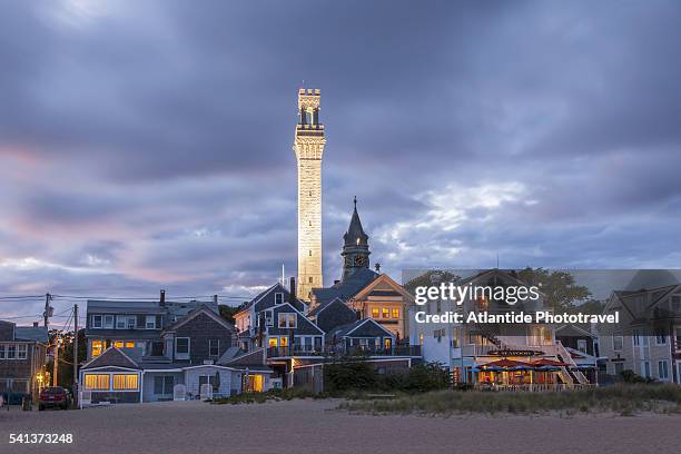 the seaside with pilgrim tower - provincetown stockfoto's en -beelden