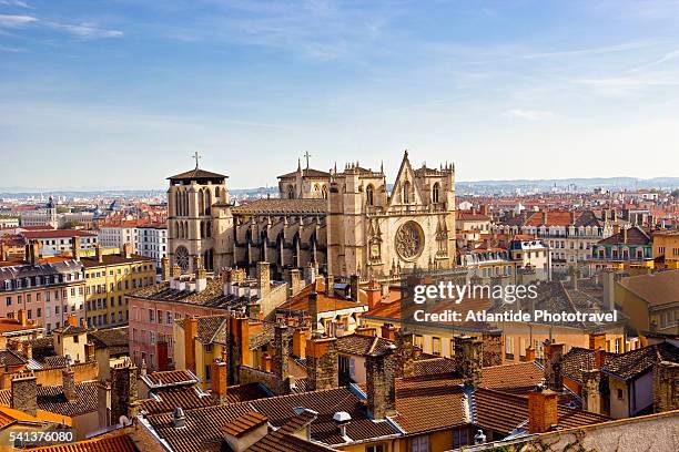 lyon cathedral rising above old lyon - lyon france stock pictures, royalty-free photos & images