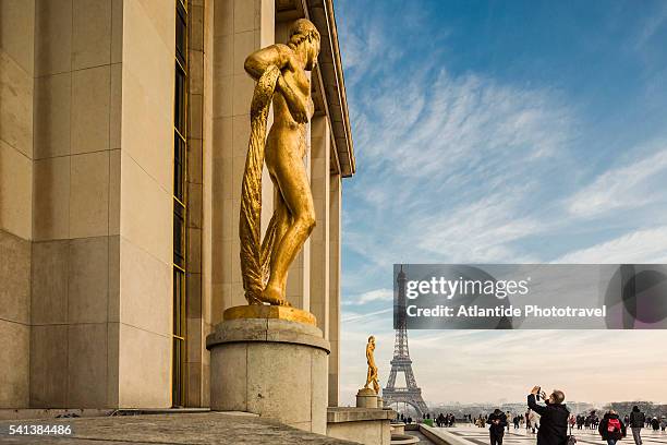 trocadero, place des droits de l'homme (rights of man square), the gilded statues of palais (palace) de chaillot and, on the background, the tour (tower) eiffel - palais de chaillot foto e immagini stock