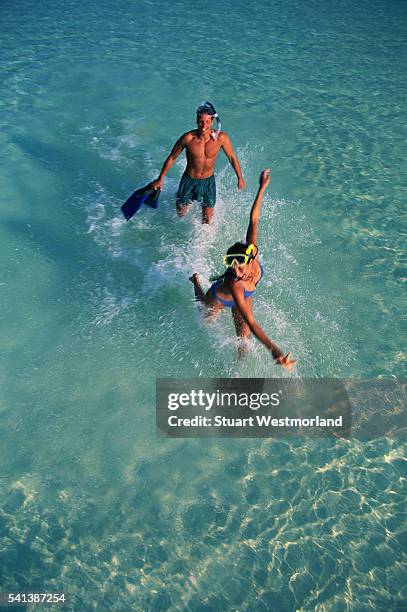 snorkelers running in the water - snorkel stock pictures, royalty-free photos & images