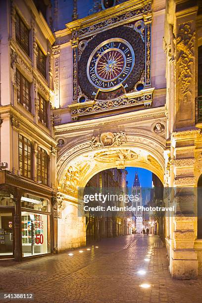 the big clock and gros horloge street in rouen, france - rouen france stock pictures, royalty-free photos & images