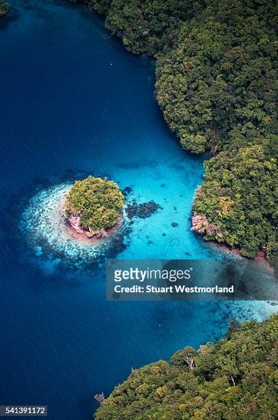 aerial view of rock islands world heritage site - palau photos et images de collection