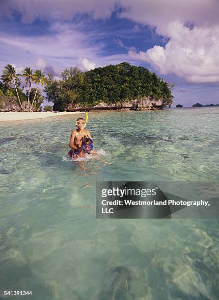 snorkelers off the rock islands of palau - palau photos et images de collection