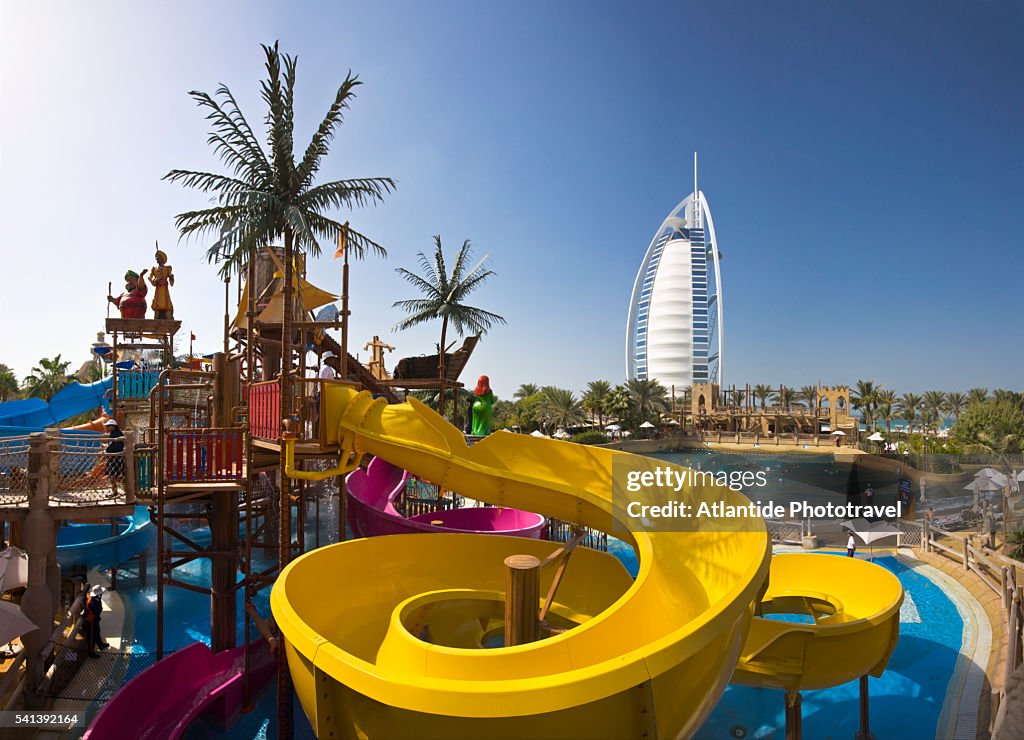 Wild Wadi Water Park with Burj al Arab Hotel in Background