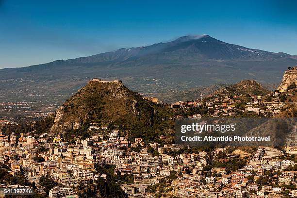 aerial view of castelmola village placed on top of the rock overlooking taormina - castelmola stock pictures, royalty-free photos & images