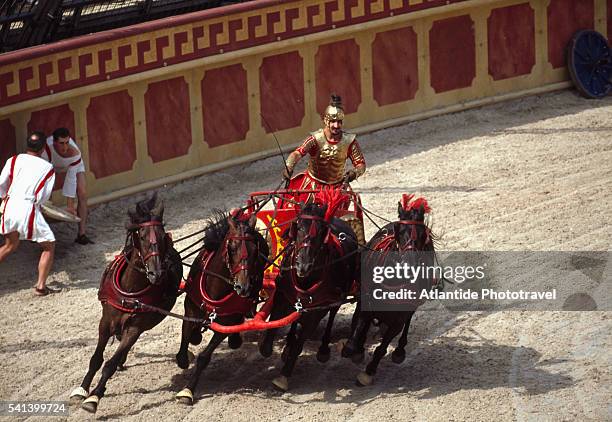 chariot race at puy du fou historical theme park - fou stock pictures, royalty-free photos & images