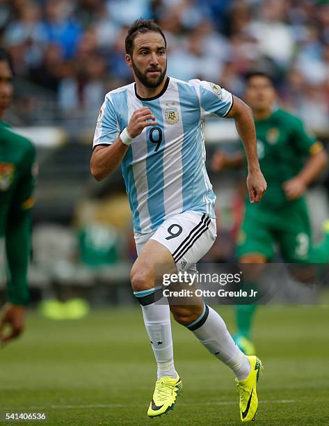 Gonzalo Higuain of Argentina follows the play against Bolivia during the 2016 Copa America Centenario Group D match at CenturyLink Field on June 14,...