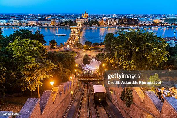 buda, the budapest castle hill funicular, on the background the river danube and the town of pest - danube river fotografías e imágenes de stock