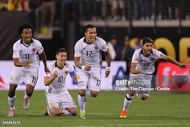Colombia players react to Peru's final penalty miss to win the penalty shoot out, from left, Juan Cuadrado, James Rodriguez, Dayro Moreno and...