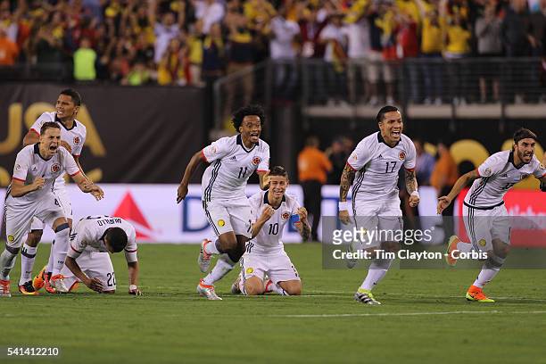 Colombia players react to Peru's final penalty miss to win the penalty shoot out, from left, Santiago Arias, Carlos Bacca, Jeison Murillo, Juan...