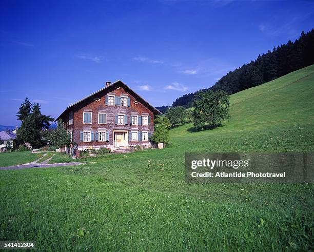 traditional house on hillside - vorarlberg imagens e fotografias de stock