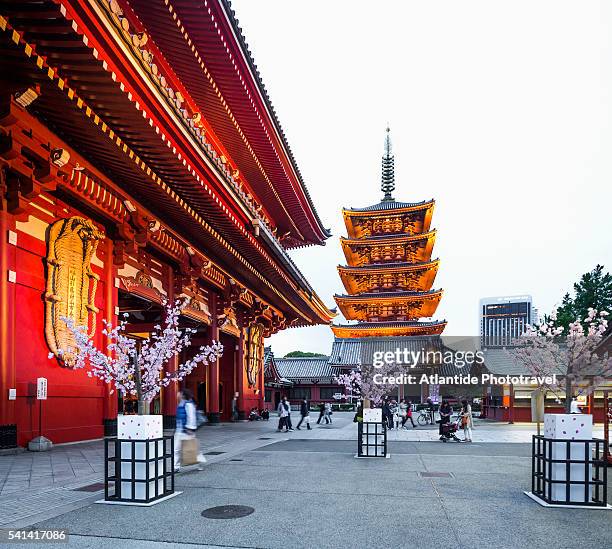 asakusa, senso-ji (senso temple), the hozo-mon gate and the five-storey pagoda - asakusa senso temple stock-fotos und bilder