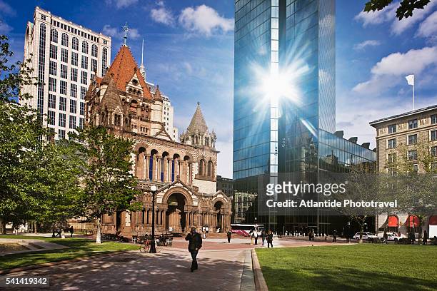 copley square, trinity church and john hancock tower - copley square stock pictures, royalty-free photos & images