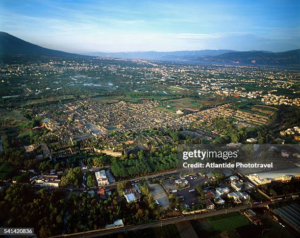 aerial view of pompeii ruins - pompei stock-fotos und bilder