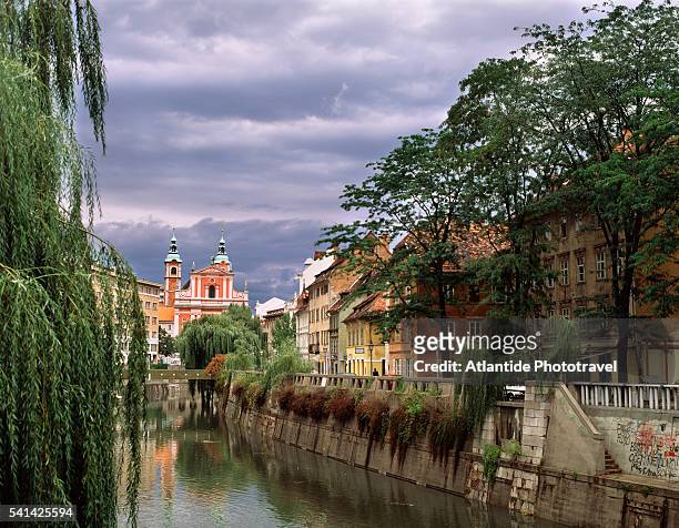 river in downtown ljubljana - ljubljana stockfoto's en -beelden