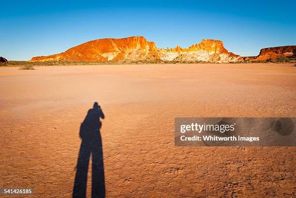 shadow of man on claypan. rainbow valley australia - rainbow valley conservation reserve stock-fotos und bilder
