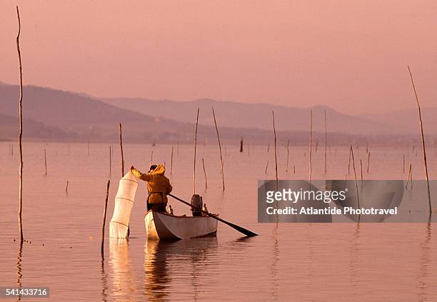 fisherman on lake trasimeno at the village of san feliciano - lac trasimeno photos et images de collection