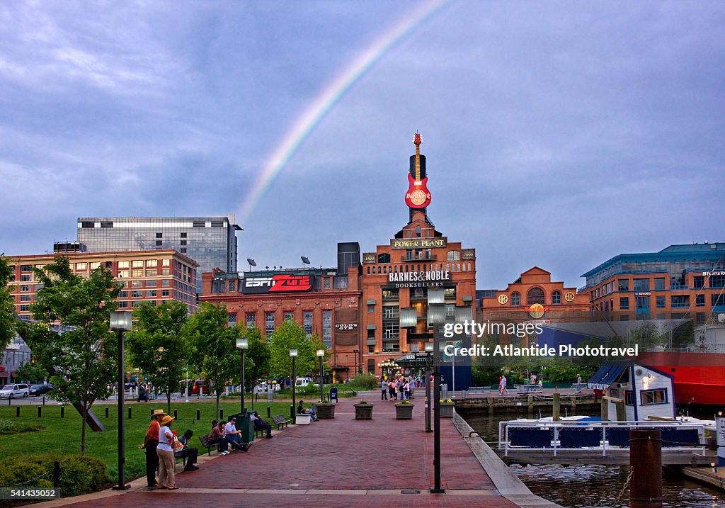 Rainbow over Pratt Street Power Plant building in Baltimore
