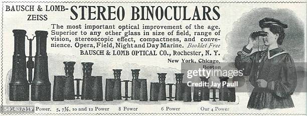 Advertisement for binocular field glasses with Zeiss lens by the Bausch and Lomb Optical Company in Rochester, New York, 1899.