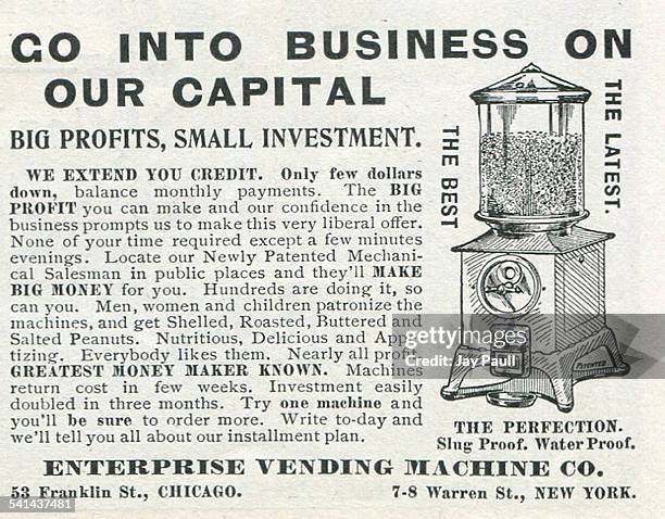 Advertisement for vending machines to dispense shelled, roasted, buttered and salted peanuts by the Enterprise Vending Machine Company in Chicago,...