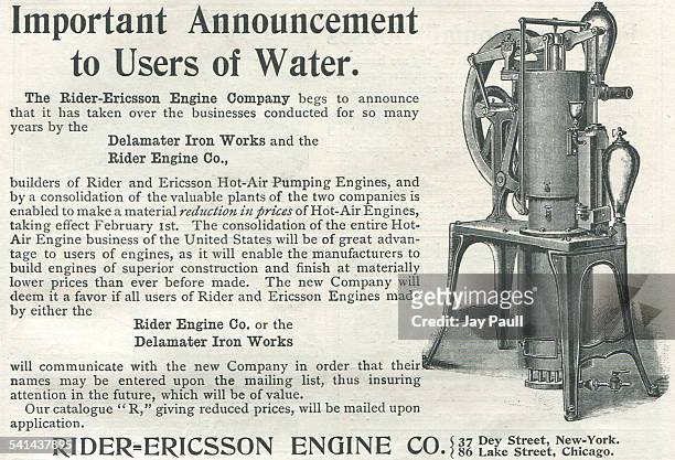 Advertisement for a hot air pump by the Rider Ericsson Engine Company in New York, 1897.