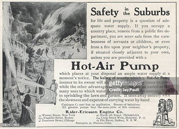 Advertisement for a hot air pump by the Rider Ericsson Engine Company in New York, 1907.