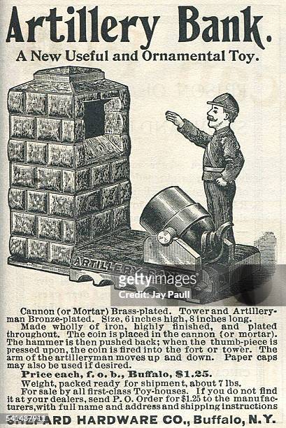 Advertisement for an artillery bank toy made of iron by the Shepard Hardware Company in Buffalo, New York, 1892.