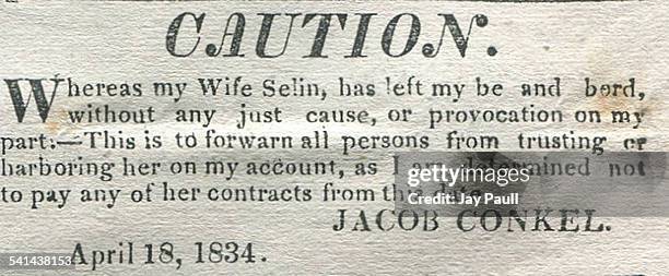 Advertisement for a notice informing the public that Jacob Conkel's wife, Selin, has left him and he will not be responsible for her contracts by...